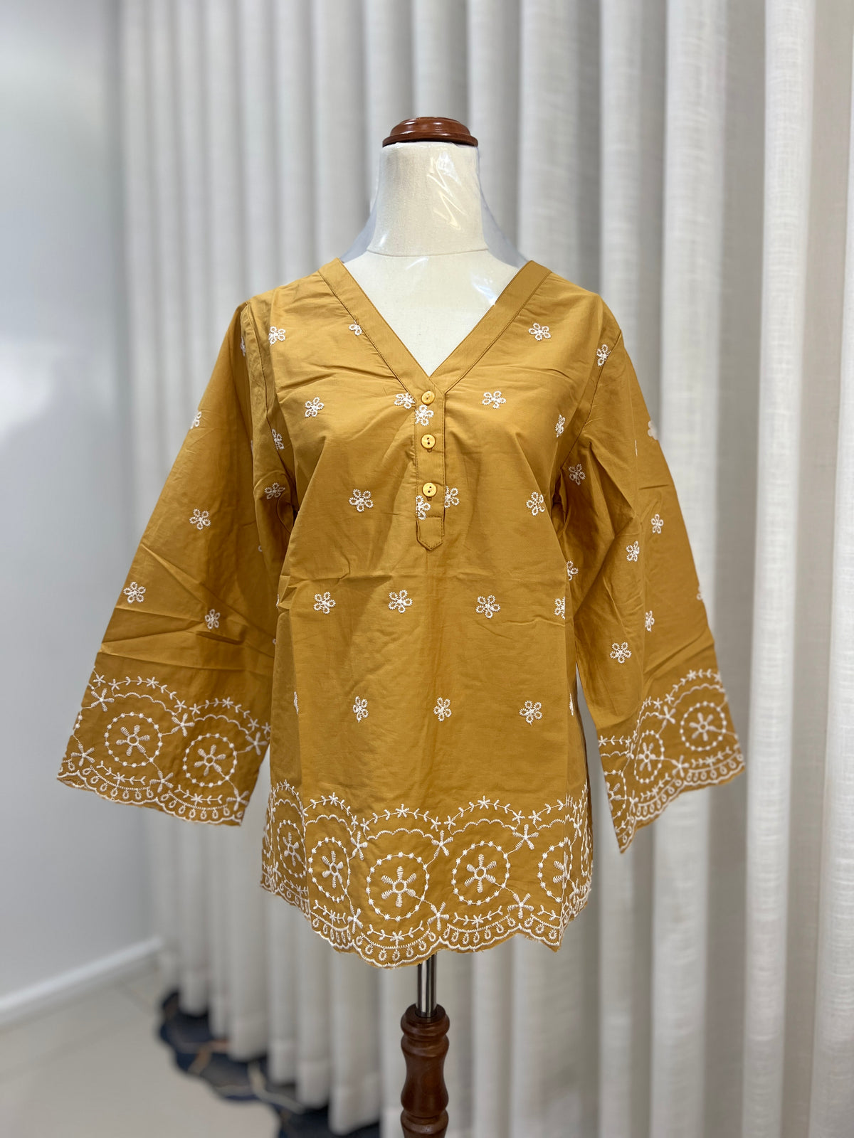 Yellow embroided long sleeve top