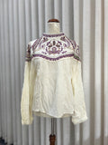 Long sleeve beige embroided neck top