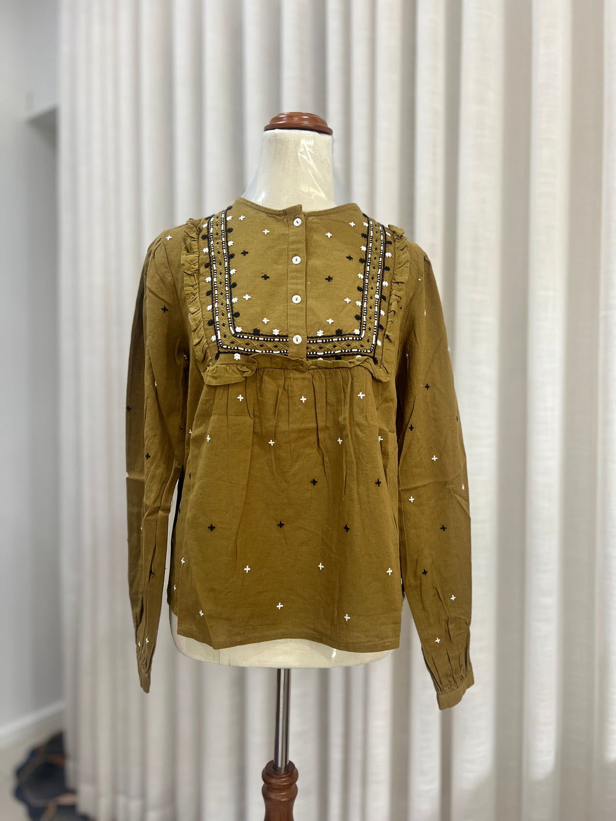 green embroided neck top
